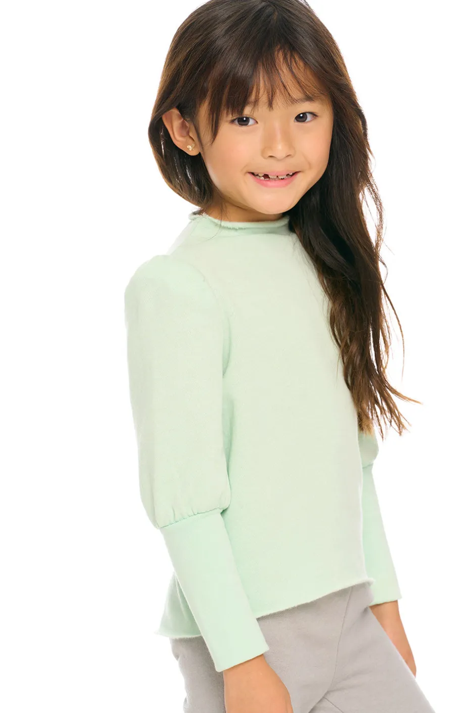 Kids Chaser Brand Semi Cropped Hi Lo Mock Neck Puff Sleeve Pullover