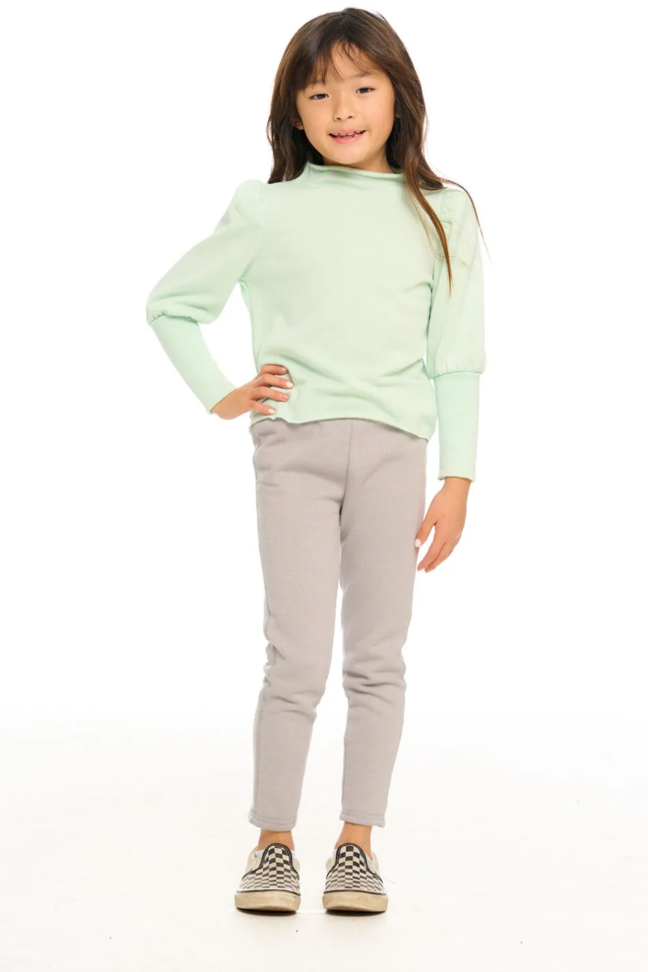 Kids Chaser Brand Semi Cropped Hi Lo Mock Neck Puff Sleeve Pullover