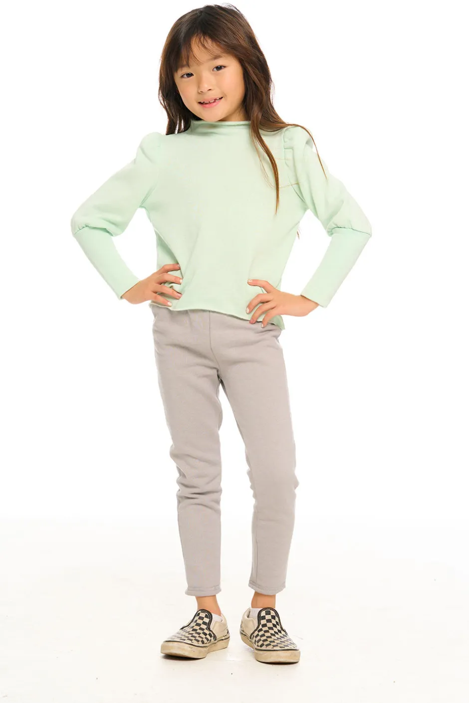 Kids Chaser Brand Semi Cropped Hi Lo Mock Neck Puff Sleeve Pullover