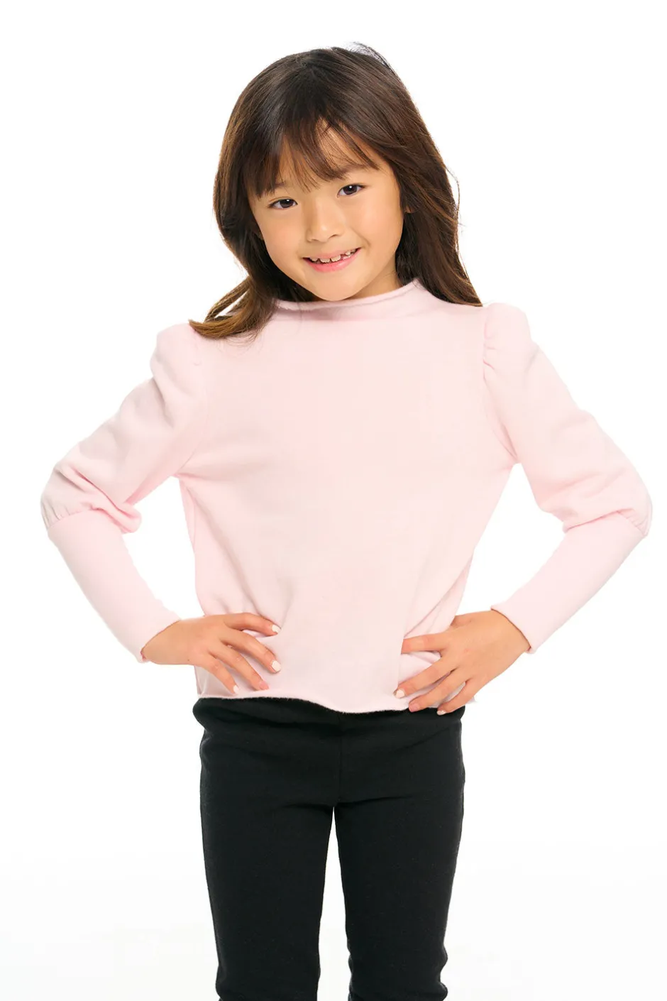 Kids Chaser Brand Semi Cropped Hi Lo Mock Neck Puff Sleeve Pullover