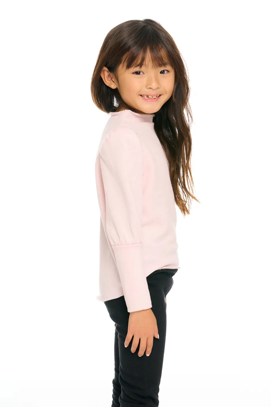 Kids Chaser Brand Semi Cropped Hi Lo Mock Neck Puff Sleeve Pullover