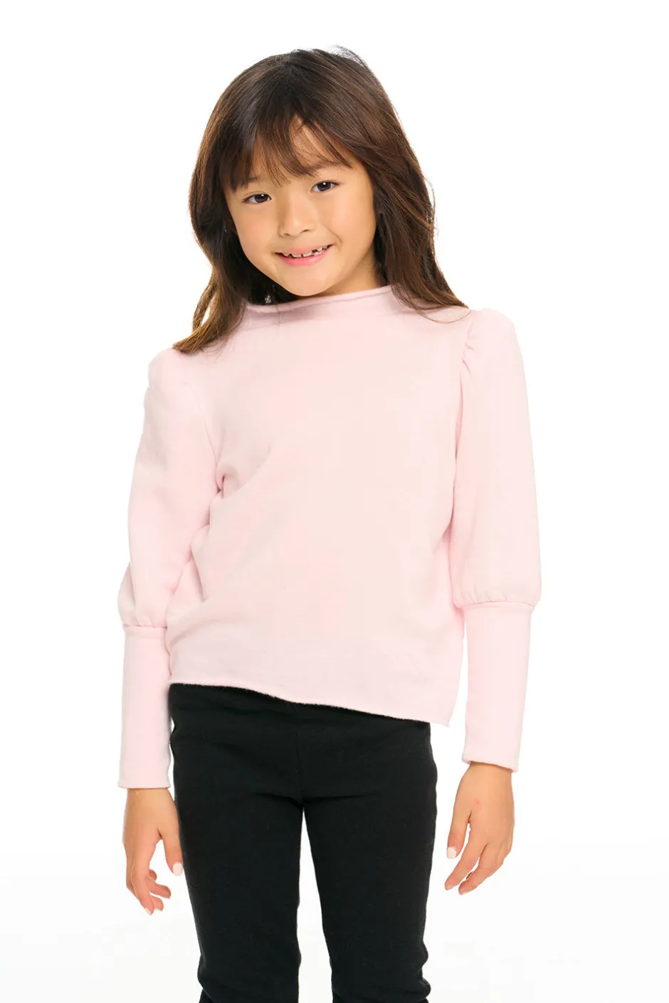 Kids Chaser Brand Semi Cropped Hi Lo Mock Neck Puff Sleeve Pullover