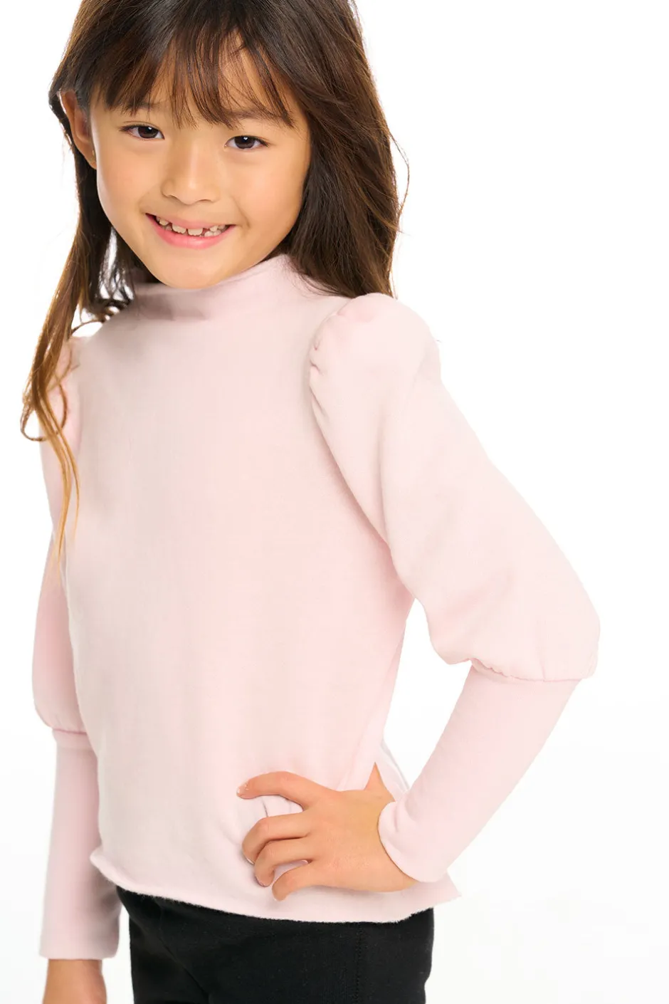 Kids Chaser Brand Semi Cropped Hi Lo Mock Neck Puff Sleeve Pullover
