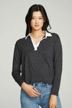 Women Chaser Brand Semi Cropped Polo Boxy Short Sleeve Tee