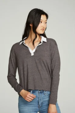 Women Chaser Brand Semi Cropped Polo Boxy Short Sleeve Tee