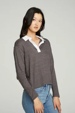Women Chaser Brand Semi Cropped Polo Boxy Short Sleeve Tee