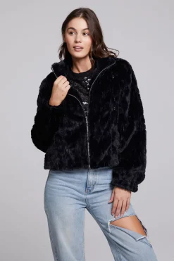 Women Chaser Brand Sequin Faux Fur Puff Sleeve Jacket