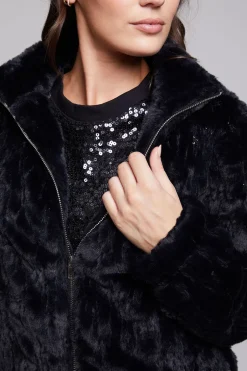 Women Chaser Brand Sequin Faux Fur Puff Sleeve Jacket