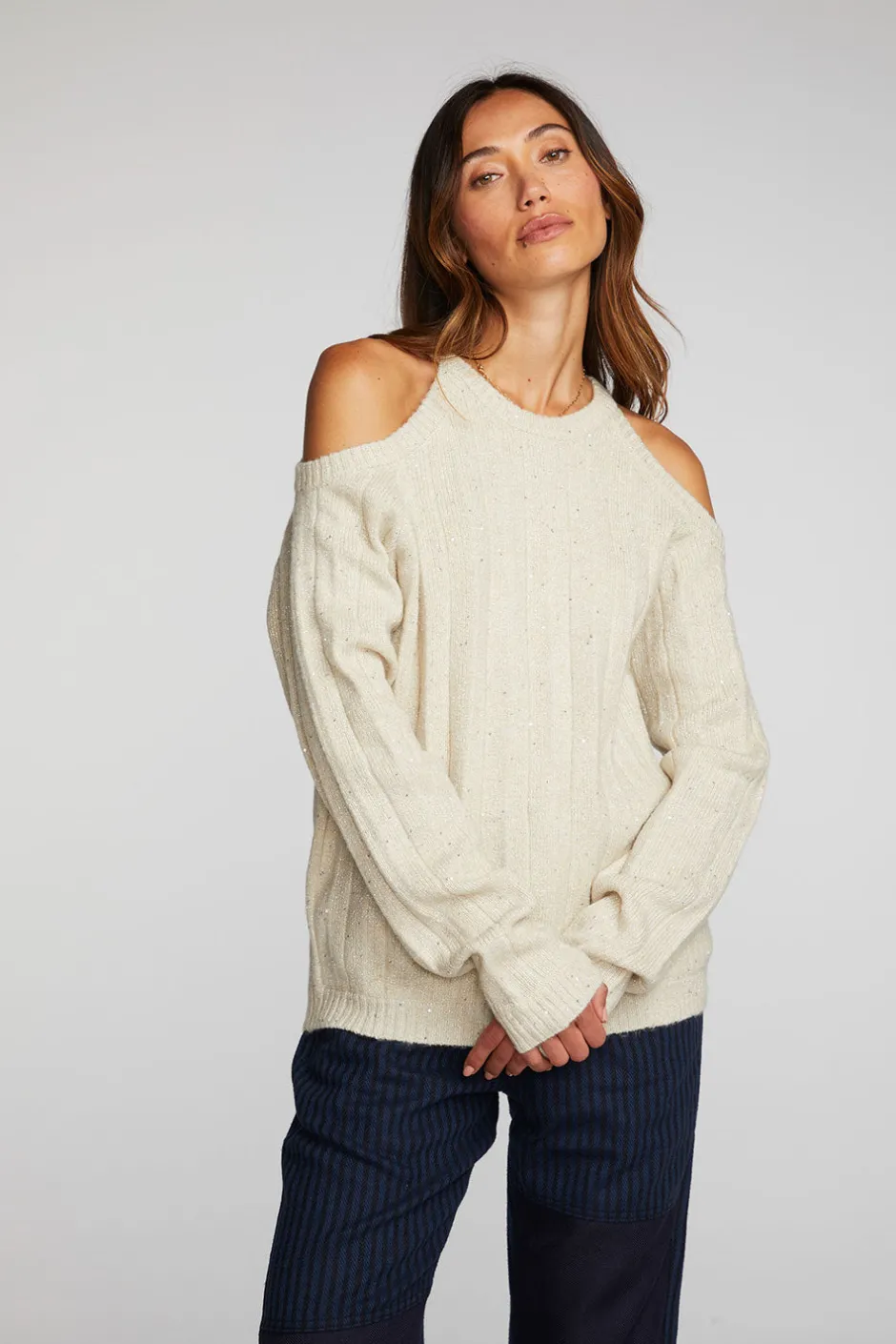Women Chaser Brand Sequin Knit Cold Shoulder Sweater