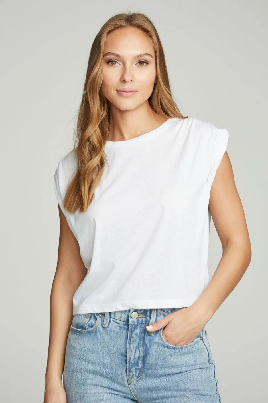Women Chaser Brand Shirred Muscle Tee With Twisted Roll Sleeve