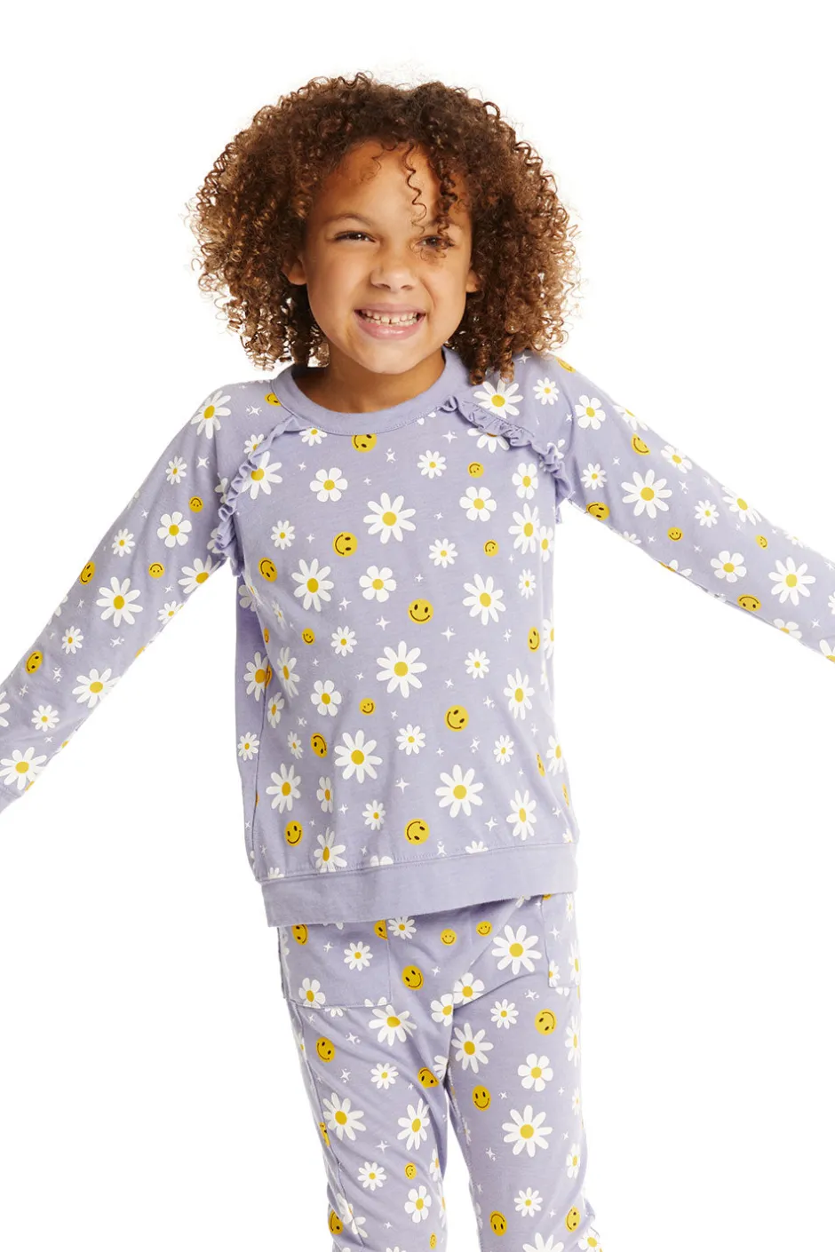 Kids Chaser Brand Smiley Daisies Long Sleeve Ruffle Top