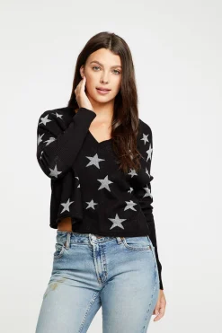 Women Chaser Brand Star Intarsia V-Neck Raglan Pullover