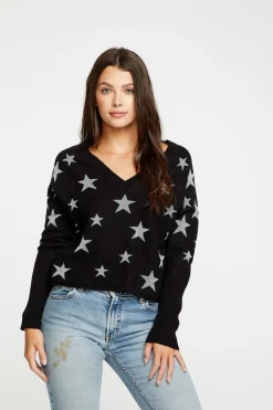 Women Chaser Brand Star Intarsia V-Neck Raglan Pullover