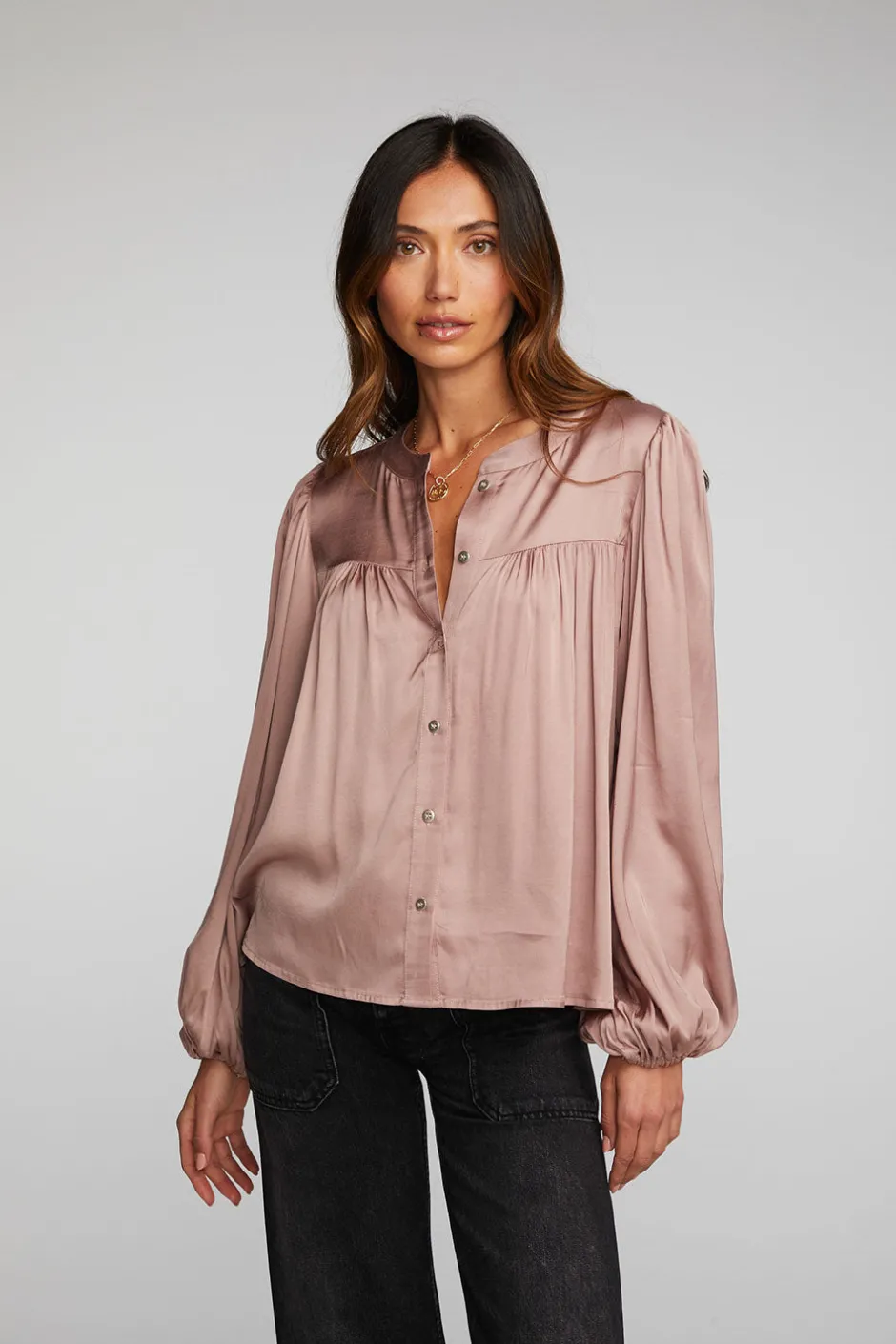 Women Chaser Brand Stretch Silky Woven Button Down