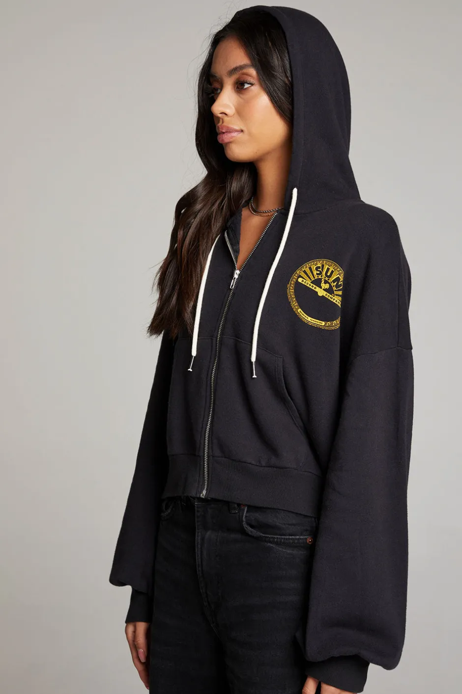 Women Chaser Brand Sun Records Studded Elvis Zip Up Hoodie