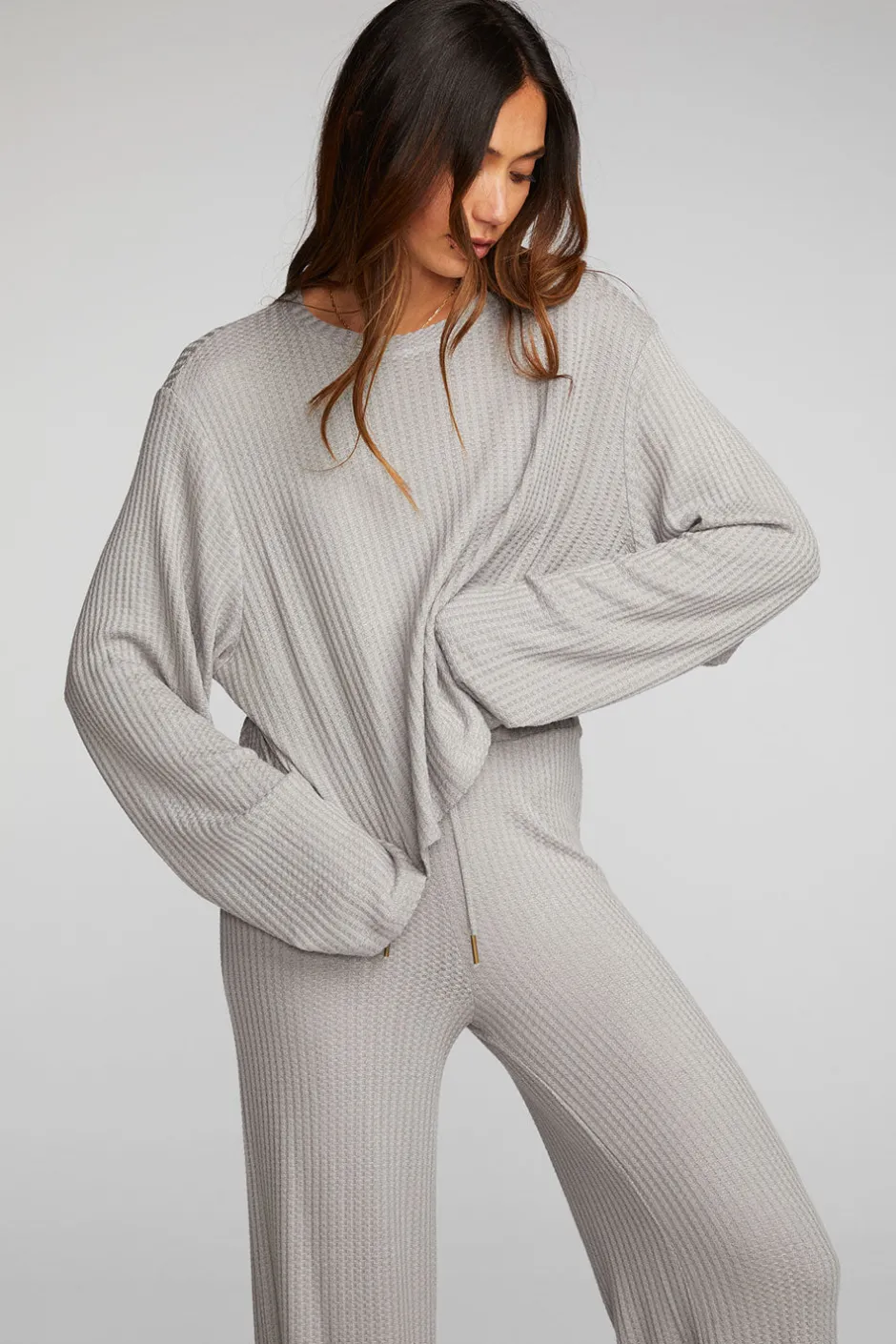 Women Chaser Brand Thermal Waffle Cropped Long Sleeve Tee