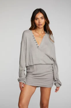 Women Chaser Brand Thermal Waffle Mini Dress With Shirring