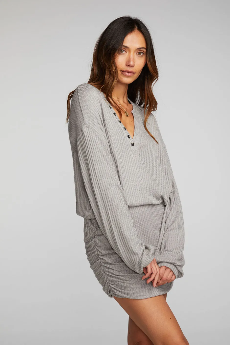Women Chaser Brand Thermal Waffle Mini Dress With Shirring