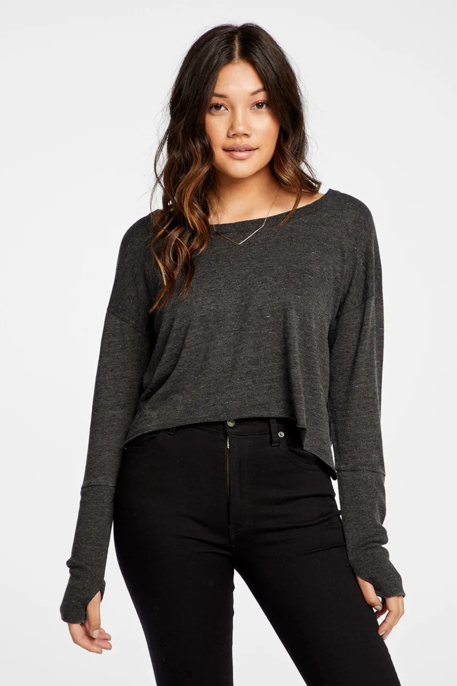 Women Chaser Brand Triblend Jersey Cropped Open Neck Long Sleeve Thumbhole Tee