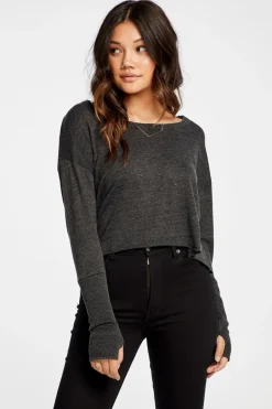 Women Chaser Brand Triblend Jersey Cropped Open Neck Long Sleeve Thumbhole Tee