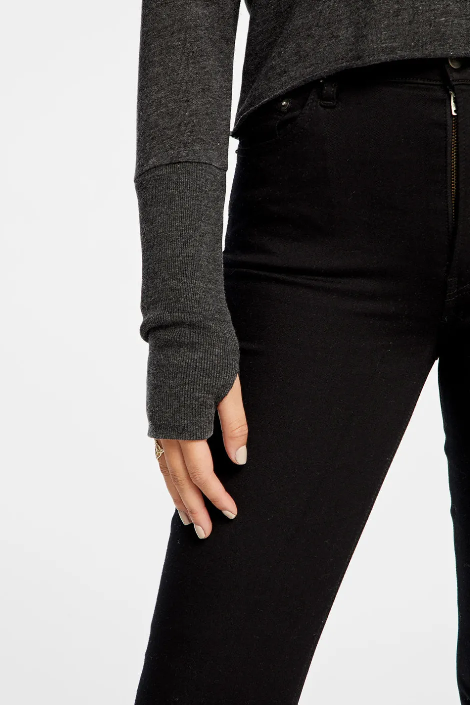 Women Chaser Brand Triblend Jersey Cropped Open Neck Long Sleeve Thumbhole Tee