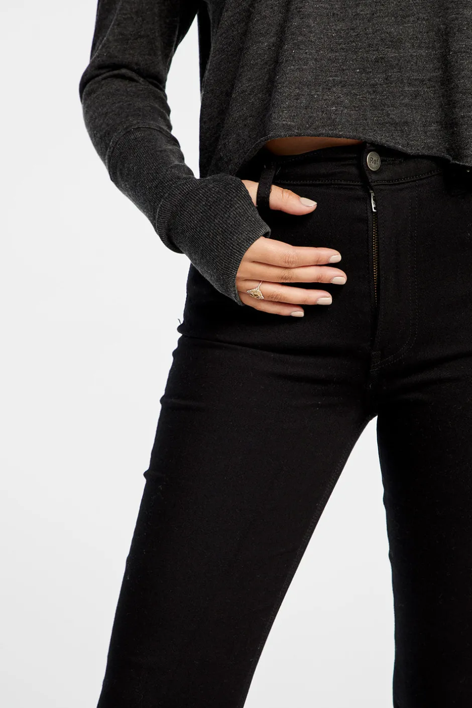 Women Chaser Brand Triblend Jersey Cropped Open Neck Long Sleeve Thumbhole Tee