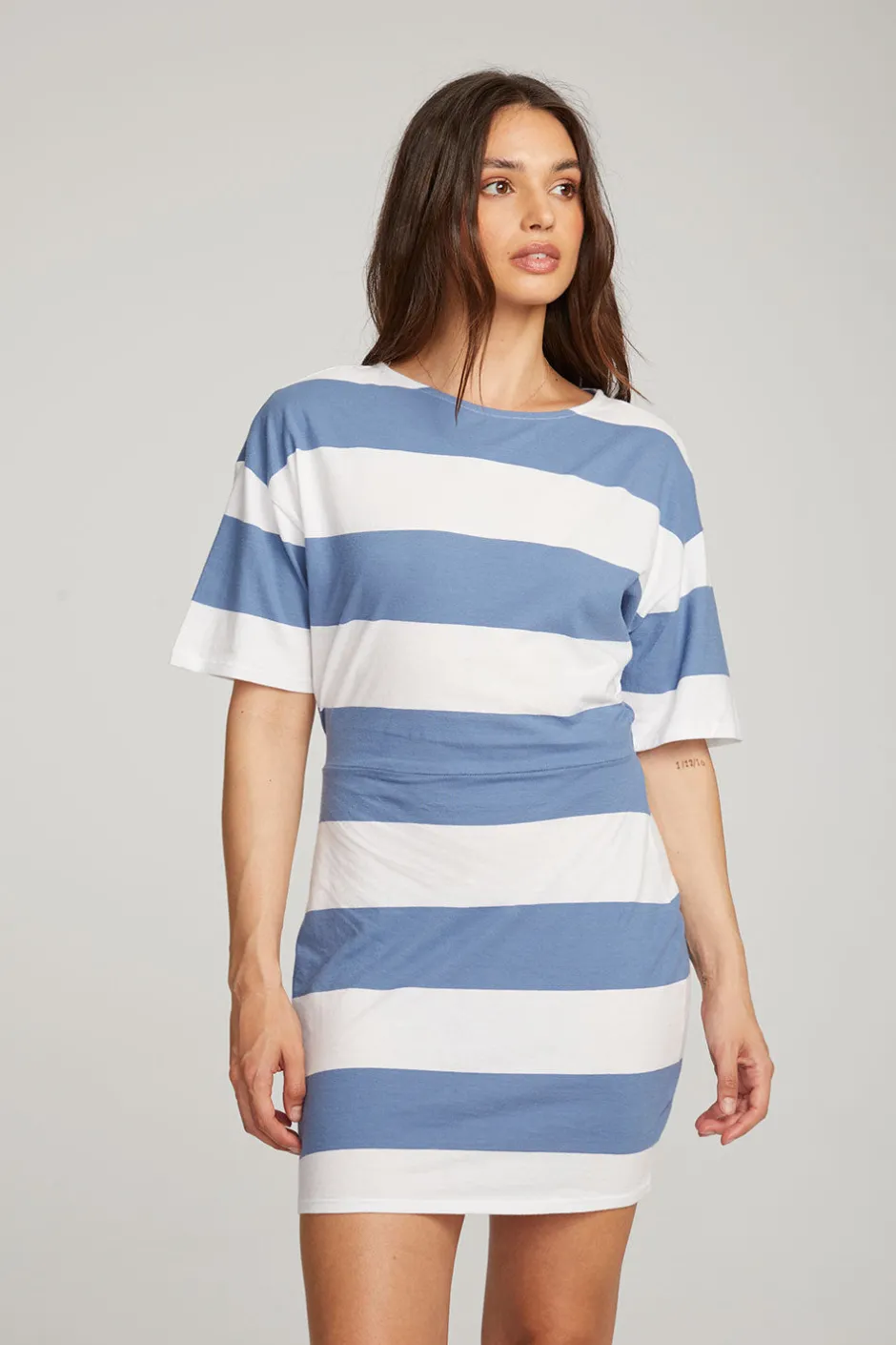 Women Chaser Brand Villa Vintage Blue Stripe Mini Dress