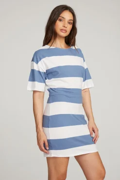 Women Chaser Brand Villa Vintage Blue Stripe Mini Dress