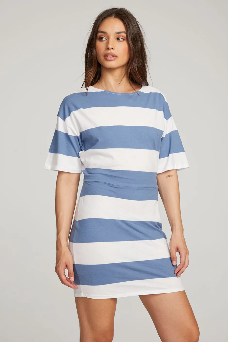 Women Chaser Brand Villa Vintage Blue Stripe Mini Dress