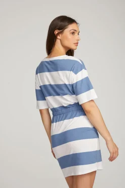 Women Chaser Brand Villa Vintage Blue Stripe Mini Dress