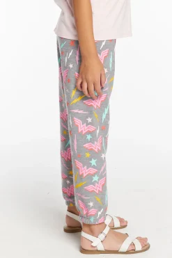 Kids Chaser Brand Wonder Woman All Over Logo Girls Cozy Knit Sweatpant
