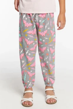 Kids Chaser Brand Wonder Woman All Over Logo Girls Cozy Knit Sweatpant