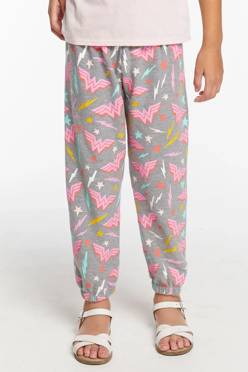 Kids Chaser Brand Wonder Woman All Over Logo Girls Cozy Knit Sweatpant