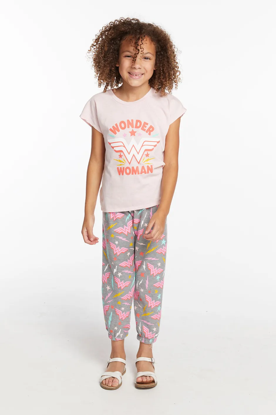 Kids Chaser Brand Wonder Woman All Over Logo Girls Cozy Knit Sweatpant