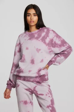 Women Chaser Brand Zuma Cotton Terry Crewneck Pullover With Distressed Detail Long Sleeve