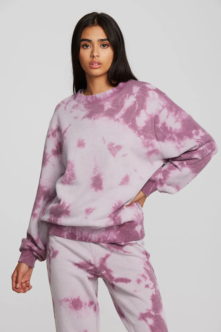 Women Chaser Brand Zuma Cotton Terry Crewneck Pullover With Distressed Detail Long Sleeve