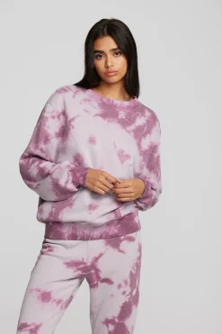 Women Chaser Brand Zuma Cotton Terry Crewneck Pullover With Distressed Detail Long Sleeve