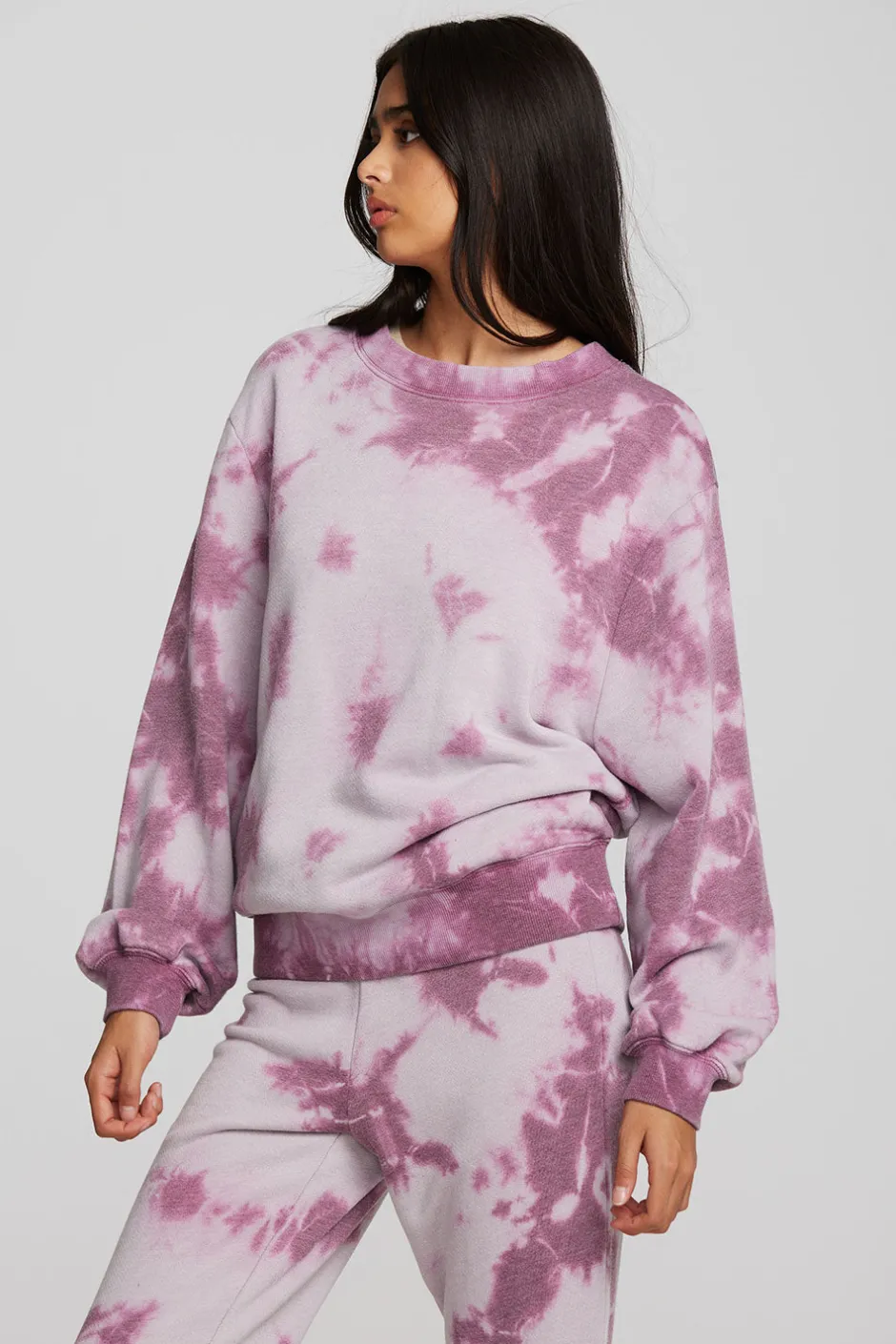 Women Chaser Brand Zuma Cotton Terry Crewneck Pullover With Distressed Detail Long Sleeve